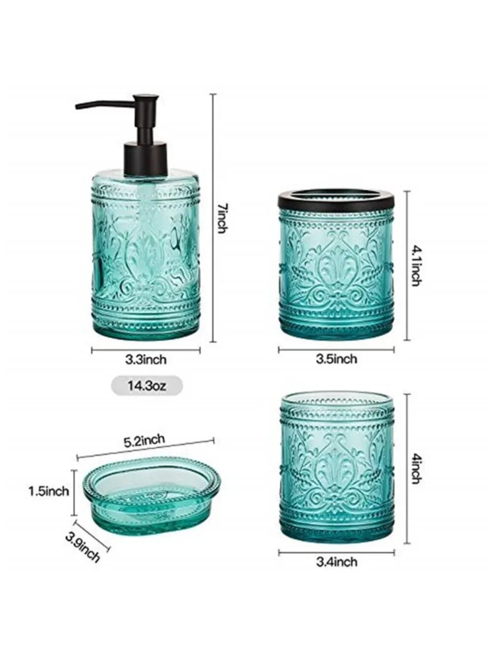 4PCs Teal Blue Glass Bathroom Accessories Set with Decorative Pressed Pattern